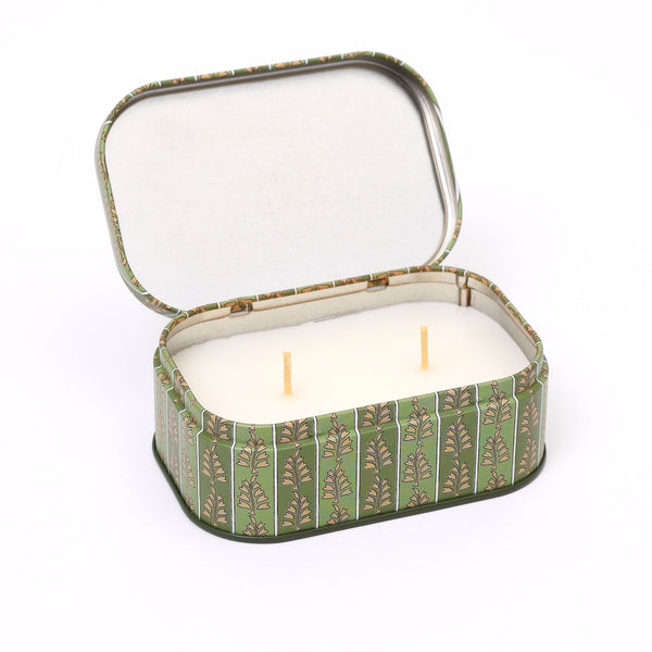 Pretty printed tin soy wax candle