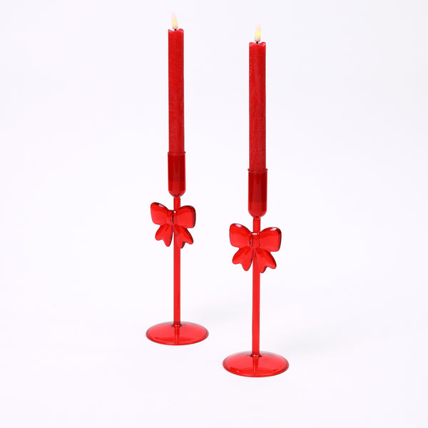 Red Glass Bow Candle Holders - Set of two - Large