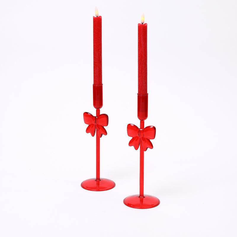 Red Glass Bow Candle Holders - Set of two - Large