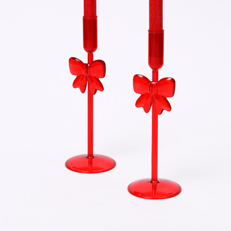 Red Glass Bow Candle Holders - Set of two - Large