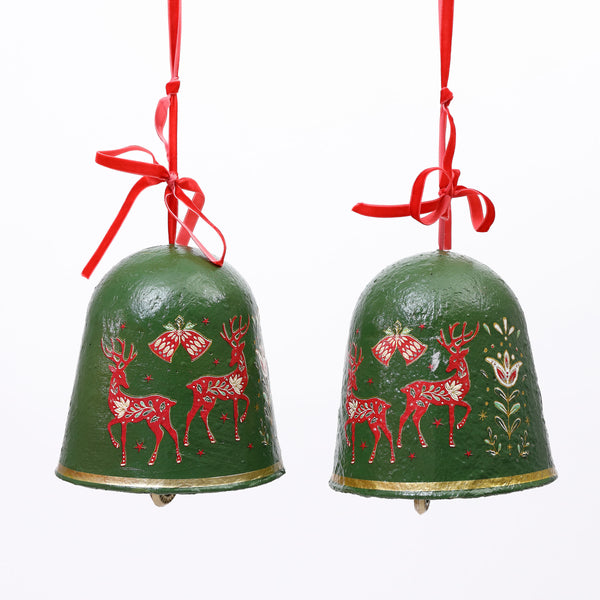 Paper Mache Green Reindeer Bell - set of two
