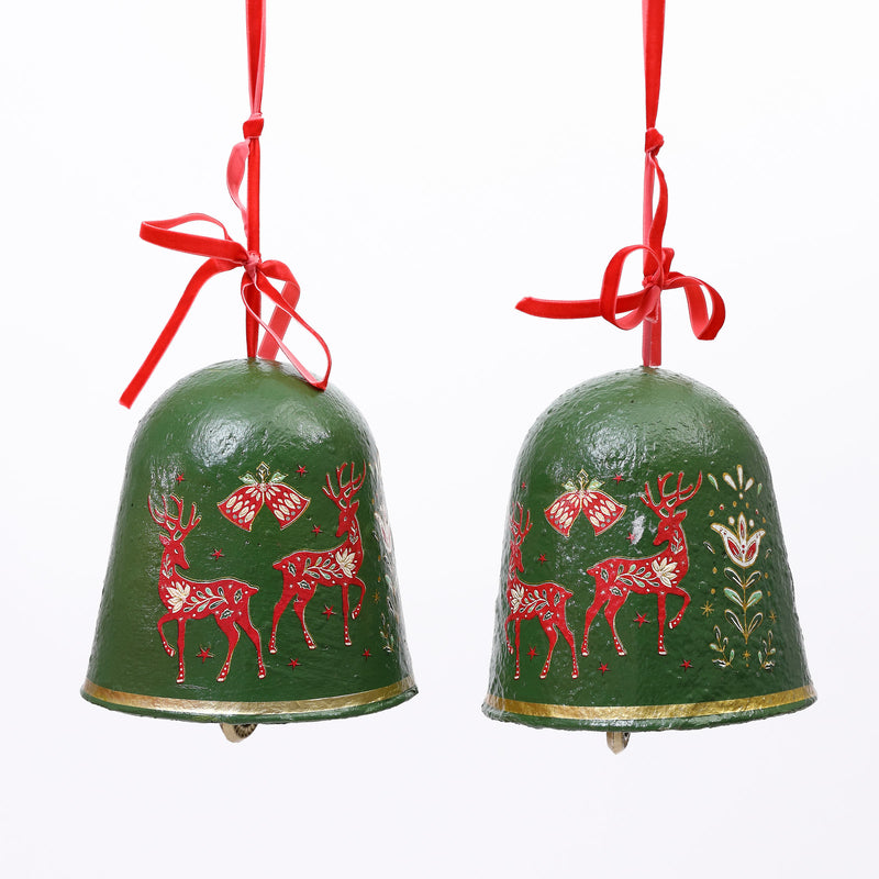 Paper Mache Green Reindeer Bell - set of two