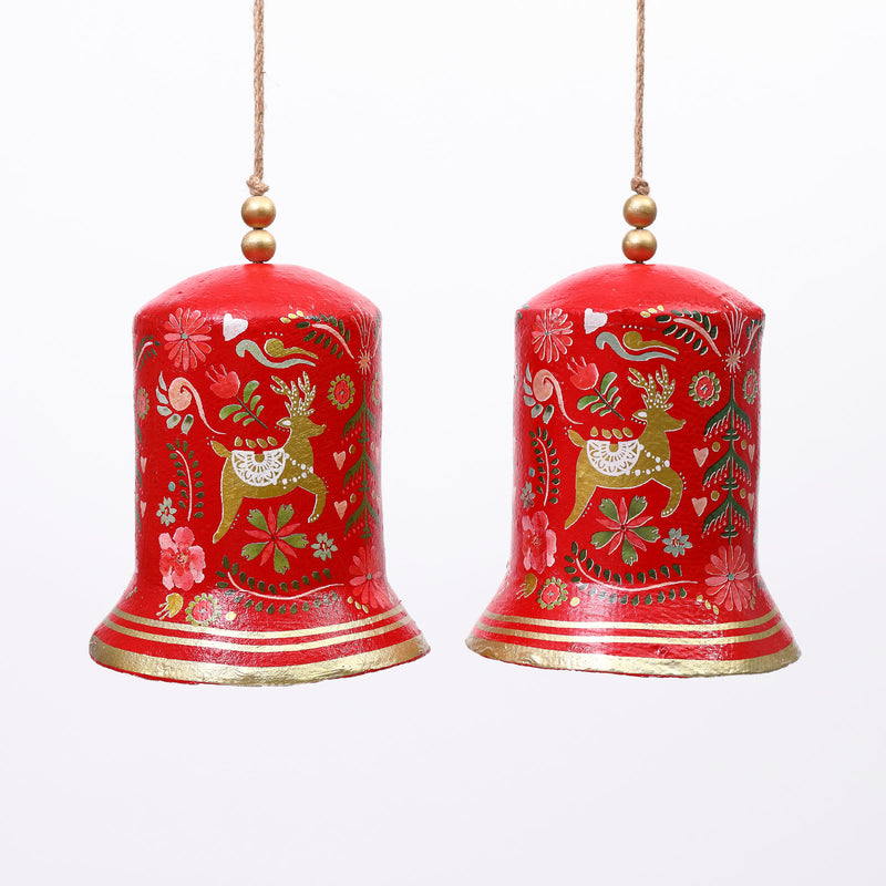 Paper Mache Red Reindeer Bell - set of two