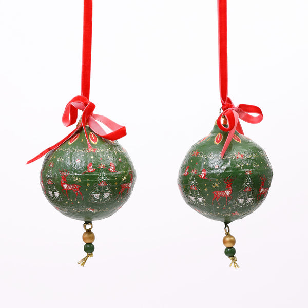 Paper mache green festive baubles - set of two