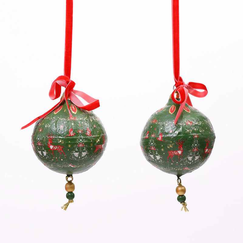 Paper mache green festive baubles - set of two