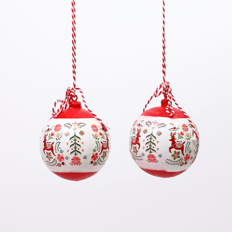 Paper mache red festive baubles -  set of two
