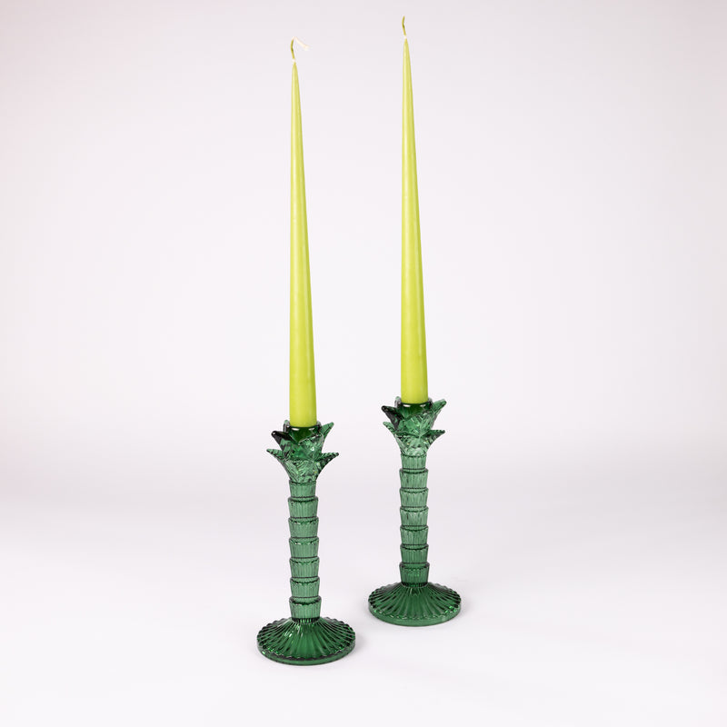 Green Glass Palm Tree Candle Holder - Set of Two