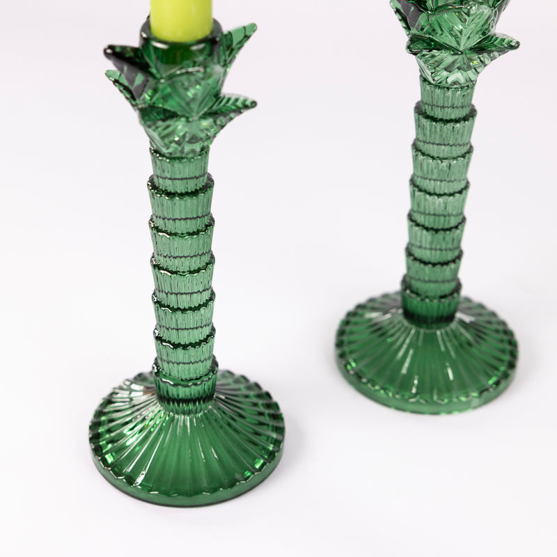 Green Glass Palm Tree Candle Holder - Set of Two