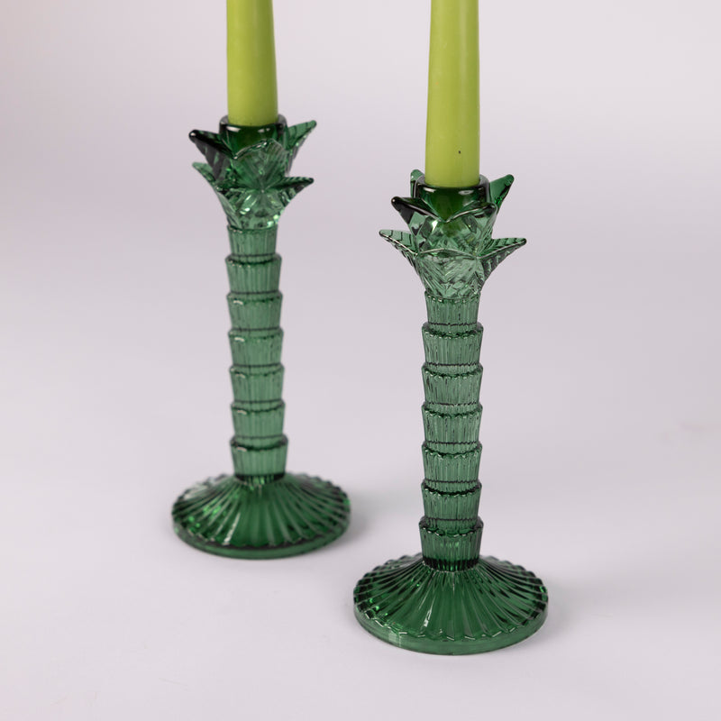 Green Glass Palm Tree Candle Holder - Set of Two