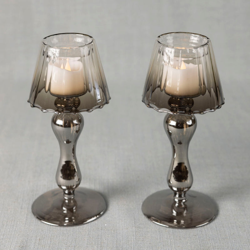 Glass lantern tea light holder - smoke - Set of two