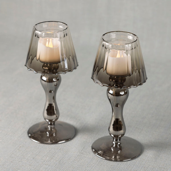 Glass lantern tea light holder - smoke - Set of two