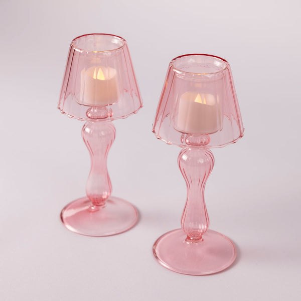 Glass lantern tea light holder - Pink - Set of two