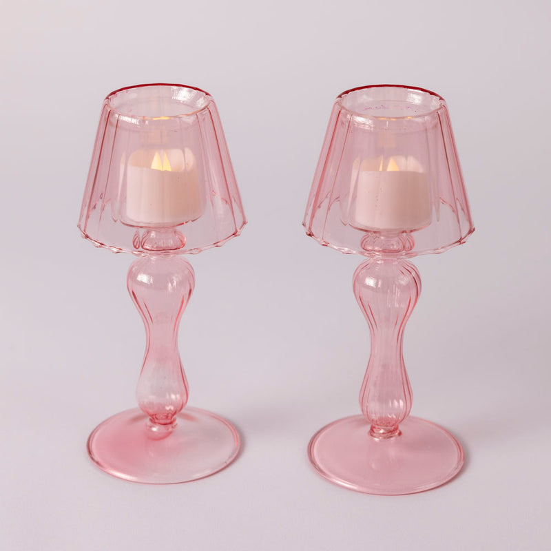 Glass lantern tea light holder - Pink - Set of two