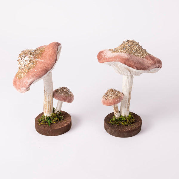 Velvet decorative mushrooms - Pink - set of two