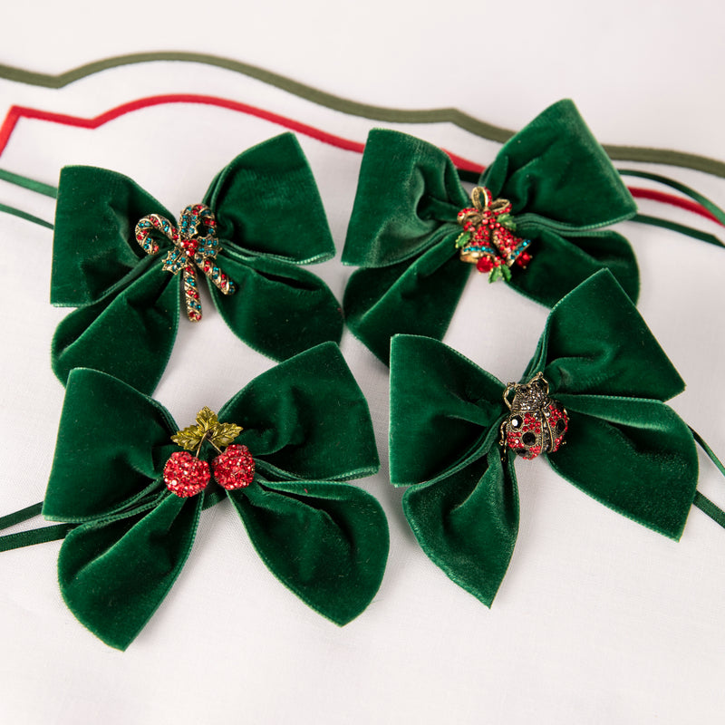 Set of Four Christmas Green Velvet Bows